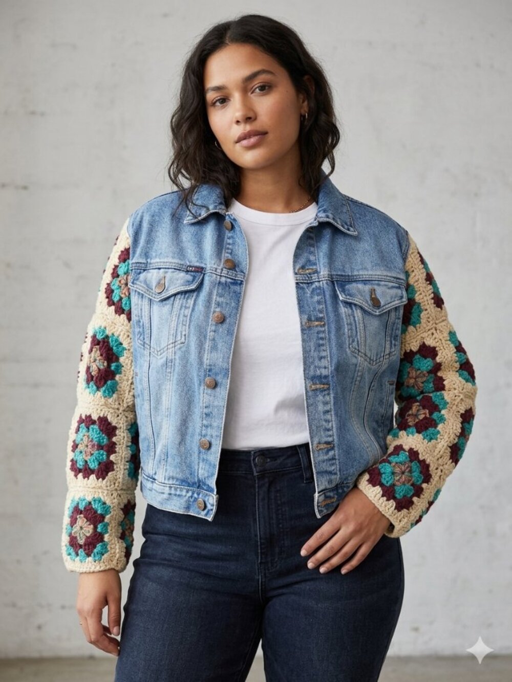 Jean Jacket with Turquois and Maroon Granny Square Sleeves